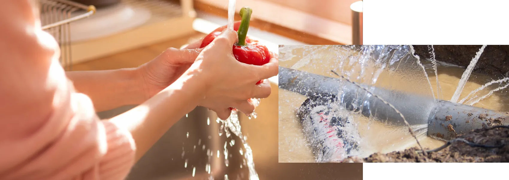 水道水が使われる日常生活と、水道管の老朽化・漏水問題を表すイメージ